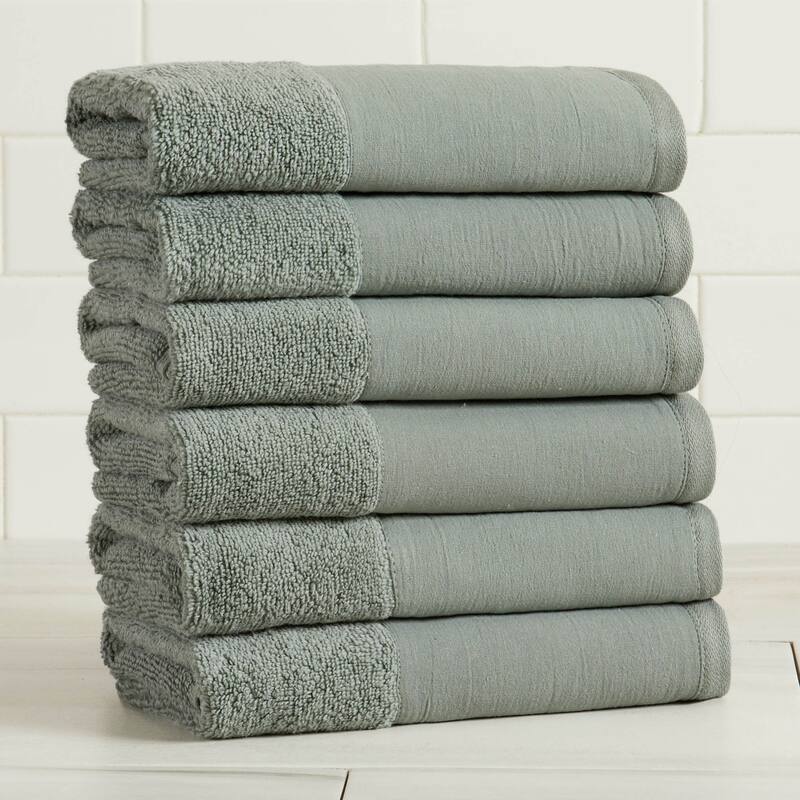 Linery & Co. Ultra-Soft Cotton and Linen Like Border Towel Set - Sage Green - Hand Towel (Pack of 6)
