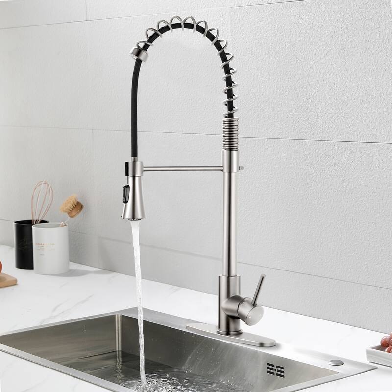 Modern Single Handle Pull-Down Kitchen Faucet with Deck Plate, 2-Function Sprayer