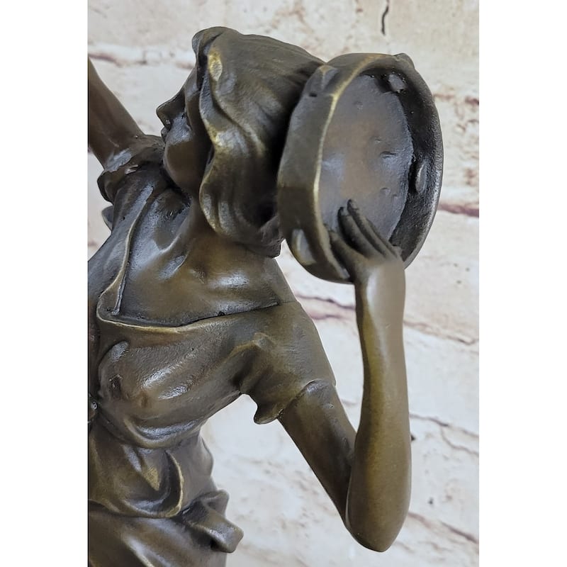 Girl Playing Tambourine Bronze Statue Sculpture Figure Musical Decor 20 Inches X 9 Inches