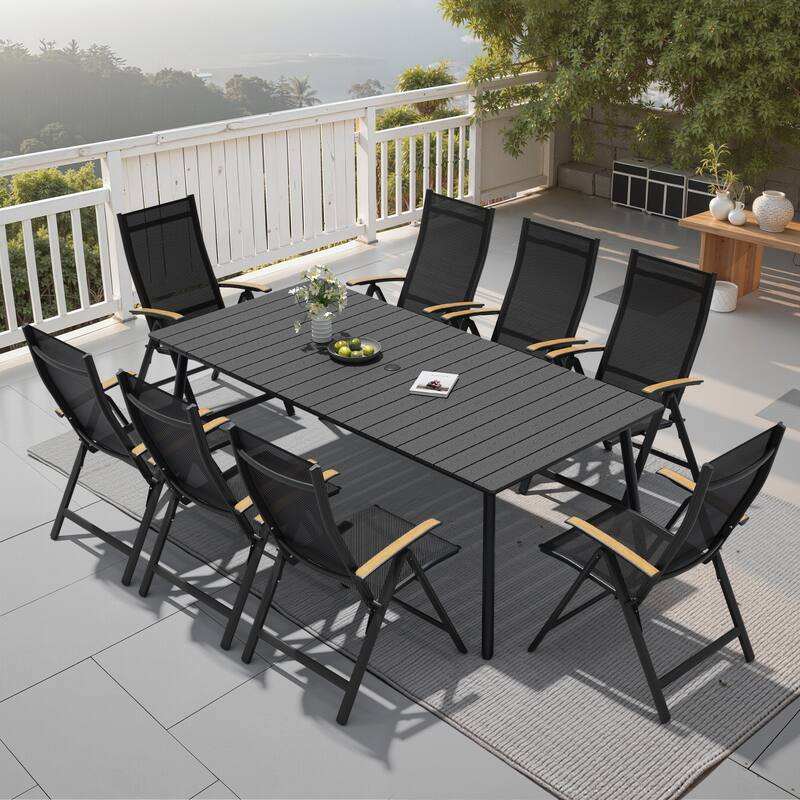 9-Piece Outdoor Patio Dining Set WPC Table Top Alumium Umbrella Hole Table with Folding Armrest Chairs