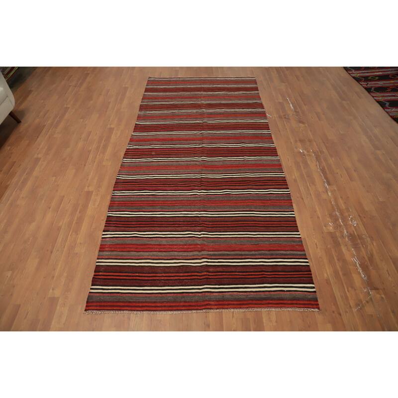 Hand Woven Oriental 100% Wool Carpet Southwestern Geometric Multi-Colored Kilim Area Rug - 10' 10'' X 4' 11''