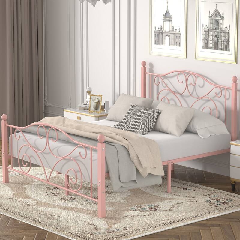 Javlergo Metal Bed Frame with Arched Roman Column Headboard and Footboard Heavy Duty Steel Slat Support No Box Spring Needed