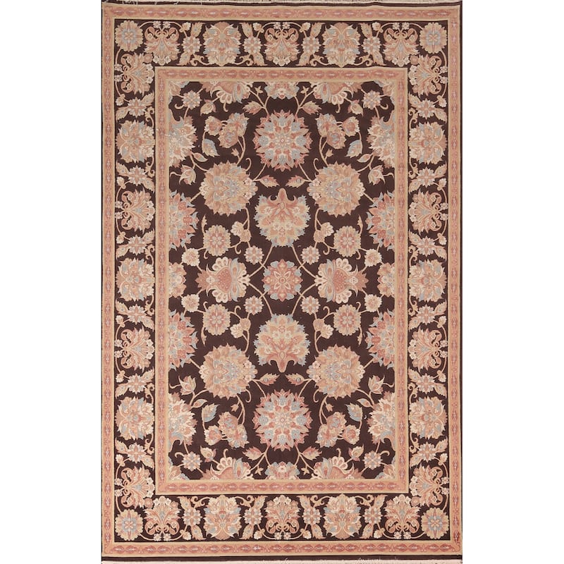 All-Over Brown Floral Kashan Turkish Area Rug Machine Made Carpet - 6'5" x 9'9"