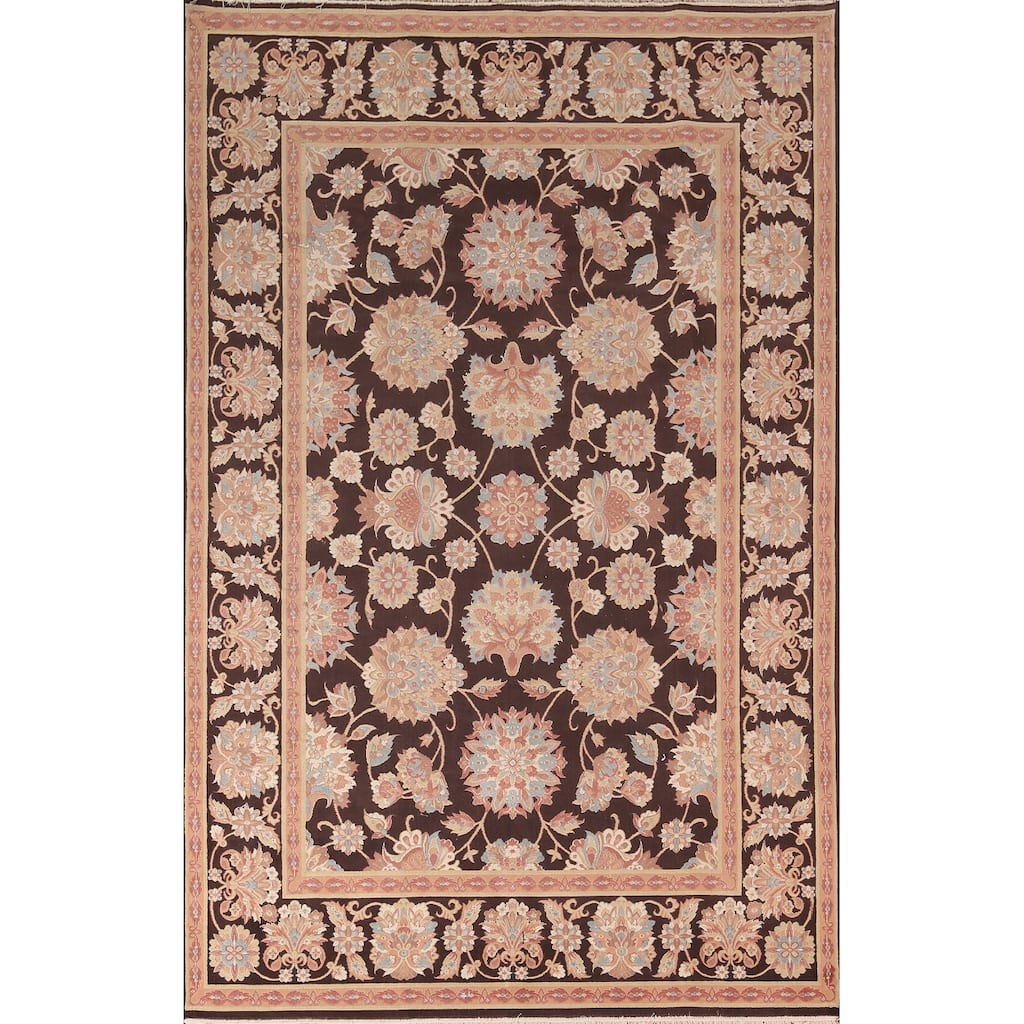 All-Over Brown Floral Kashan Turkish Area Rug Machine Made Carpet - 6'5" x 9'9"