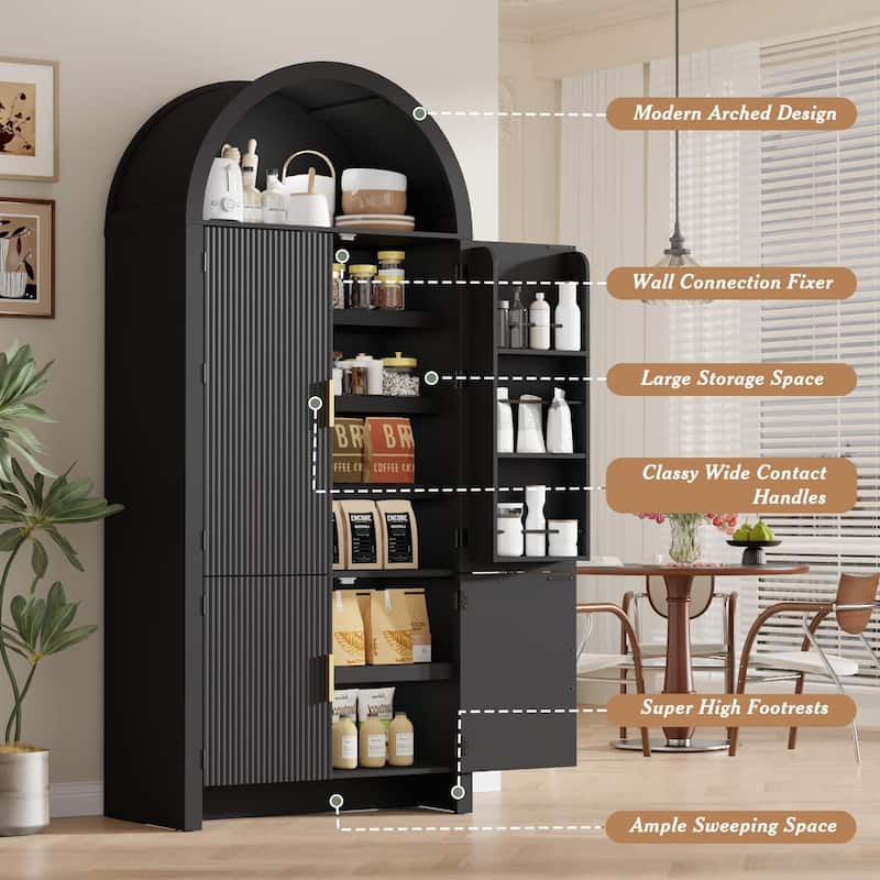 BOSSIN 71" Arched Fluted Door Pantry Cabinet, 9-Shelf Storage Organizer for Kitchen,Bathroom,Natural Wood Finish