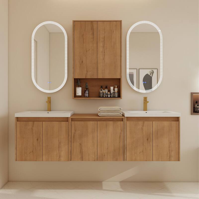 BNK 24''/36''/72'' Bathroom Vanity With Sink, Floating Bathroom Vanity with Soft Close Doors and Shelf - 70.7''W×18.13''D×20.5''H - Imitative Oak