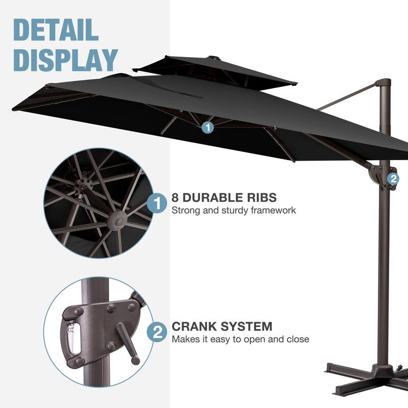 VredHom 9x11 FT Rectangular Outdoor Patio Double Top Cantilever Umbrella with Weight Base