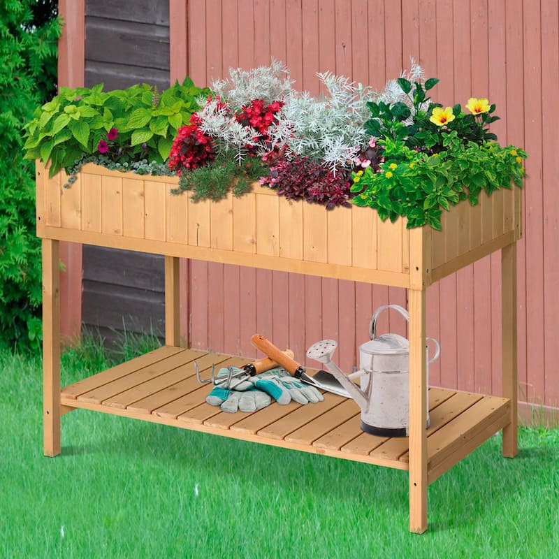 Raised Garden Bed with 8 Pockets and Shelf, Wooden Elevated Box with Legs to Grow Herbs, Vegetables, and Flowers, Natural