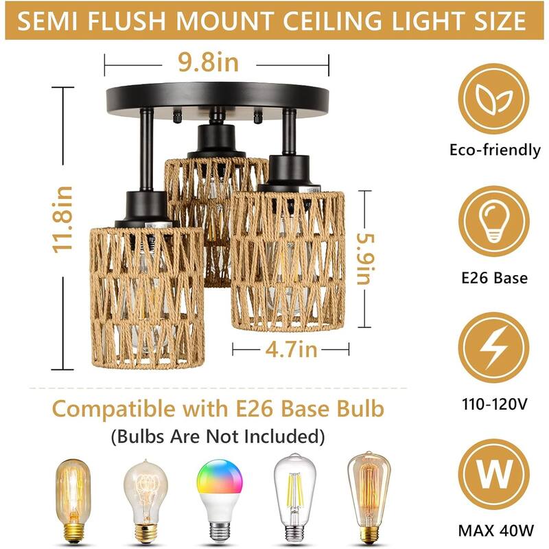 3-Light Flush Mount Ceiling Light with Hand-Woven Rattan Shades