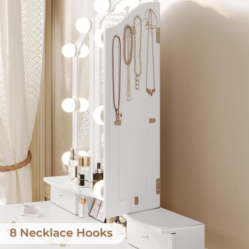 Vanity Desk Set Makeup Vanity Lighted Tri-fold Mirror and Stool