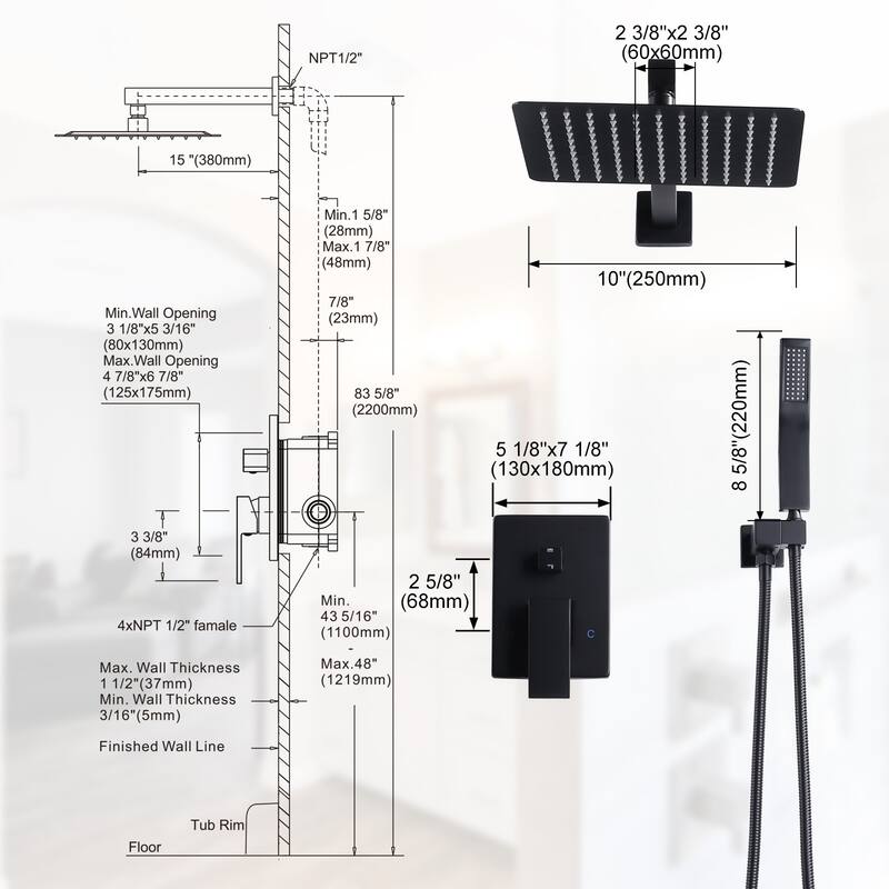 WOWOW 10 in. Square Shower Head 2-Spray Shower Faucet with Single Handle - 10 in.