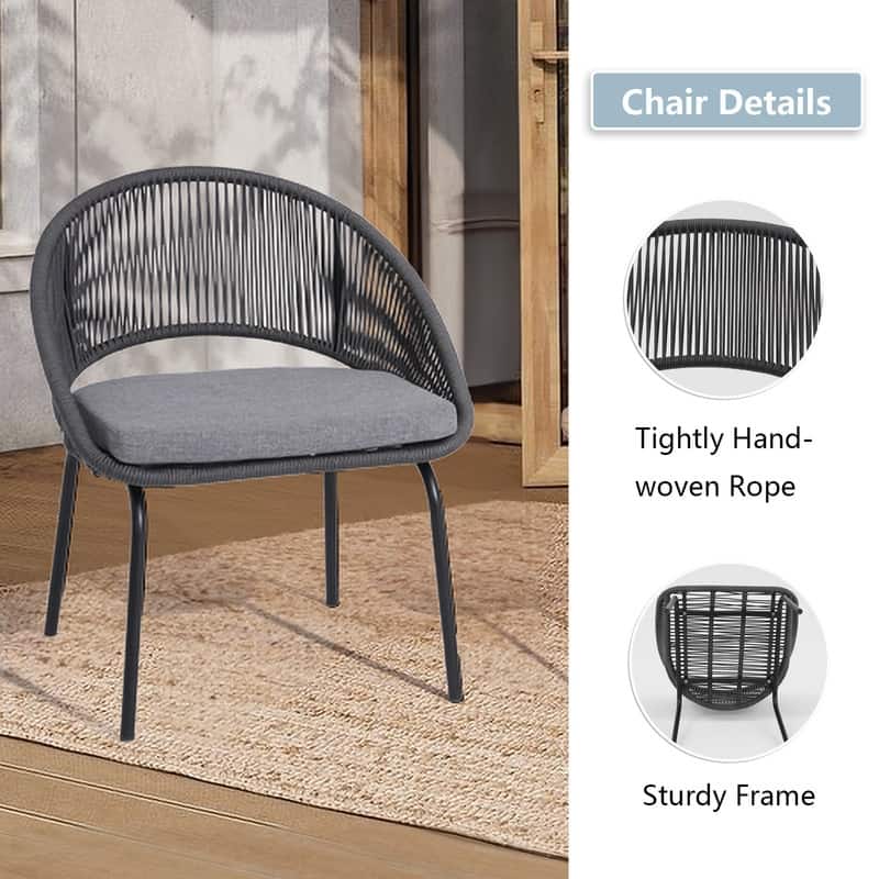 Gray Woven Rope Bistro Set-3-Piece Patio Chairs with Seat Pads