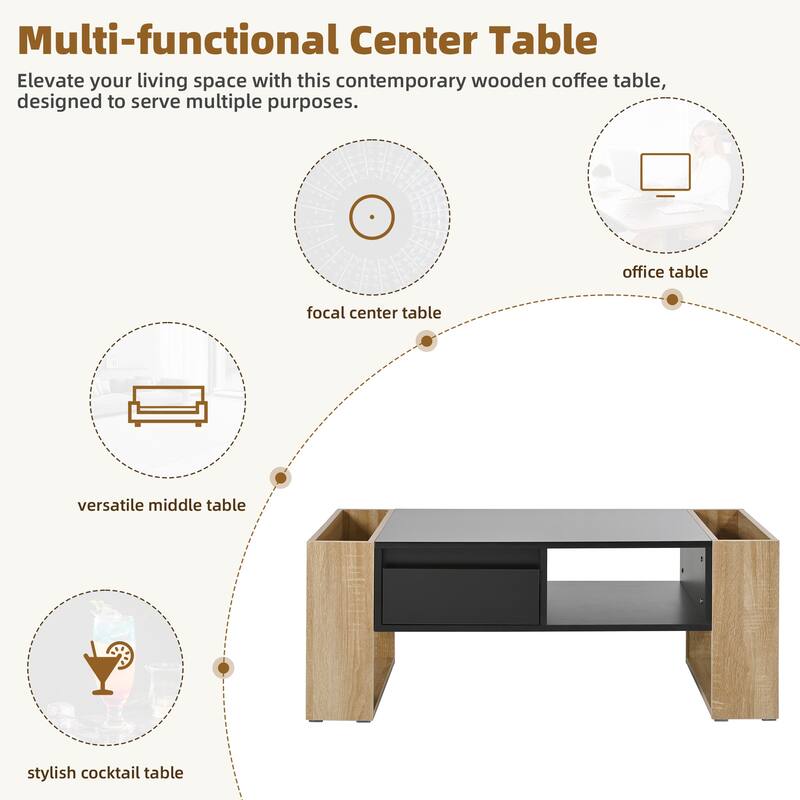 Modern Coffee Table, Two-Tone Center Table with Open Storage Shelf and 2 Drawers, Suitable for Living Room, Bedroom
