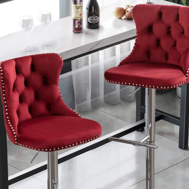 Velvet Upholstered Nailheads Tufted Swivel Bar Stools (Set of 6)