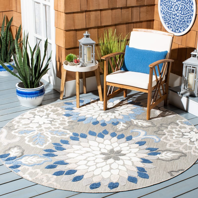 SAFAVIEH Cabana Ortrun Indoor/ Outdoor Waterproof Patio Floral Rug - 6'7" Round - Grey/Blue