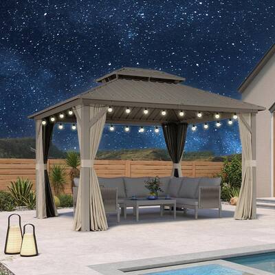 PURPLE LEAF Outdoor Hardtop Gazebo Champagne Metal Frame Galvanized Steel Double Roof with Curtains and Netting for Poolside