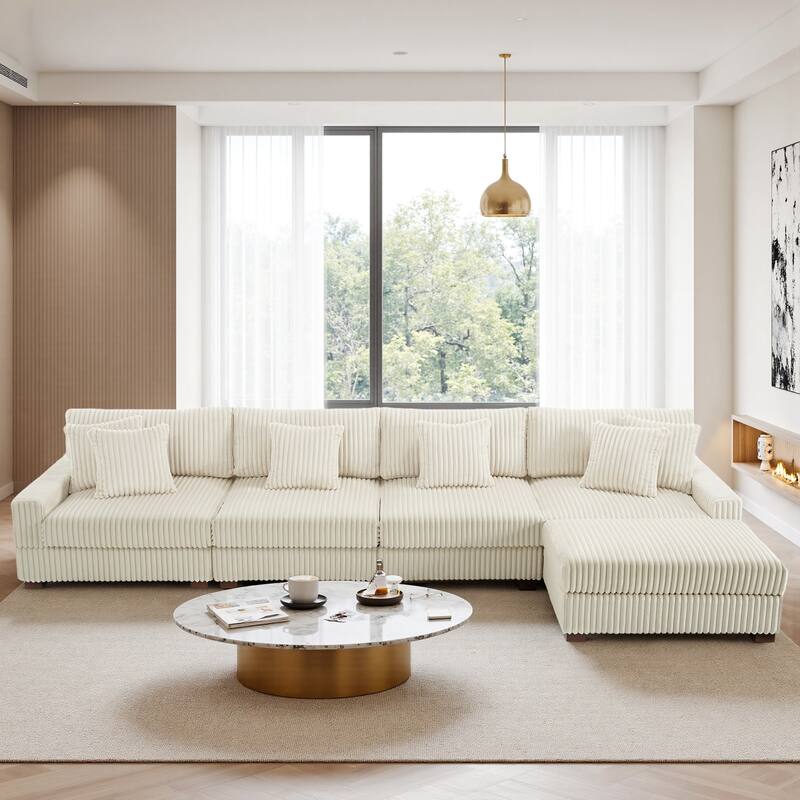 Modular Cotton Flannel Plush Sectional Sofa with Ottomans - White-5 piece