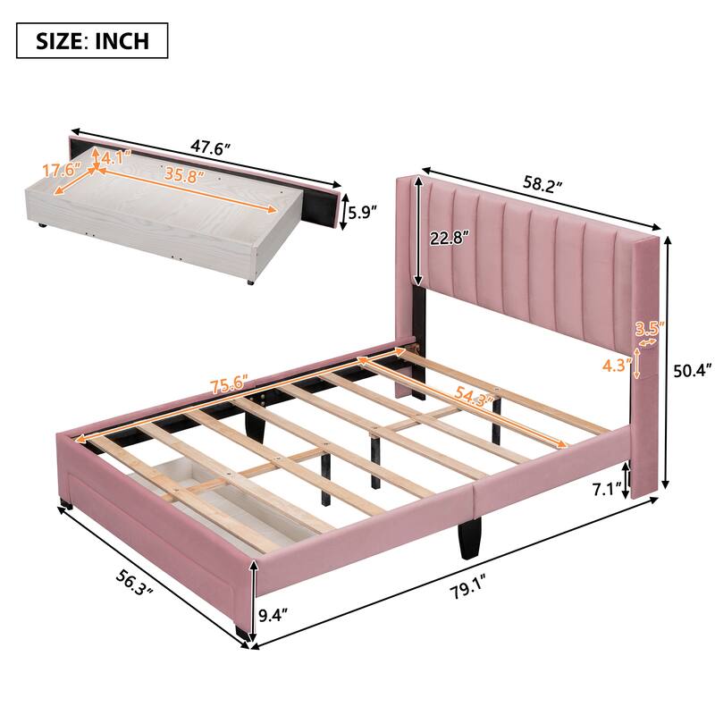 Velvet Upholstered Platform Bed with a Big Drawer,Full/Queen Size