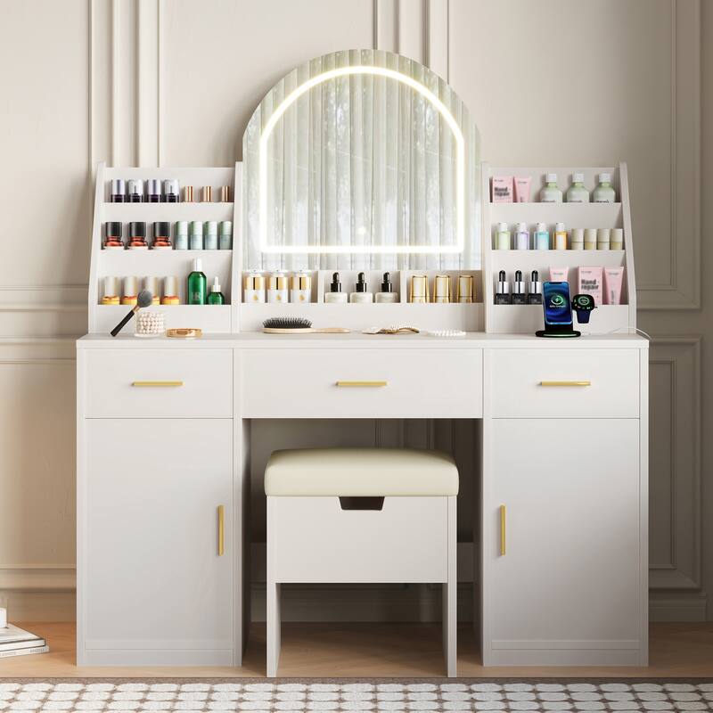 47.2" Makeup Vanity with Mirror and Light, Vanity Desk with Cushioned Storage Stool, Dressing Table with Two Organizers