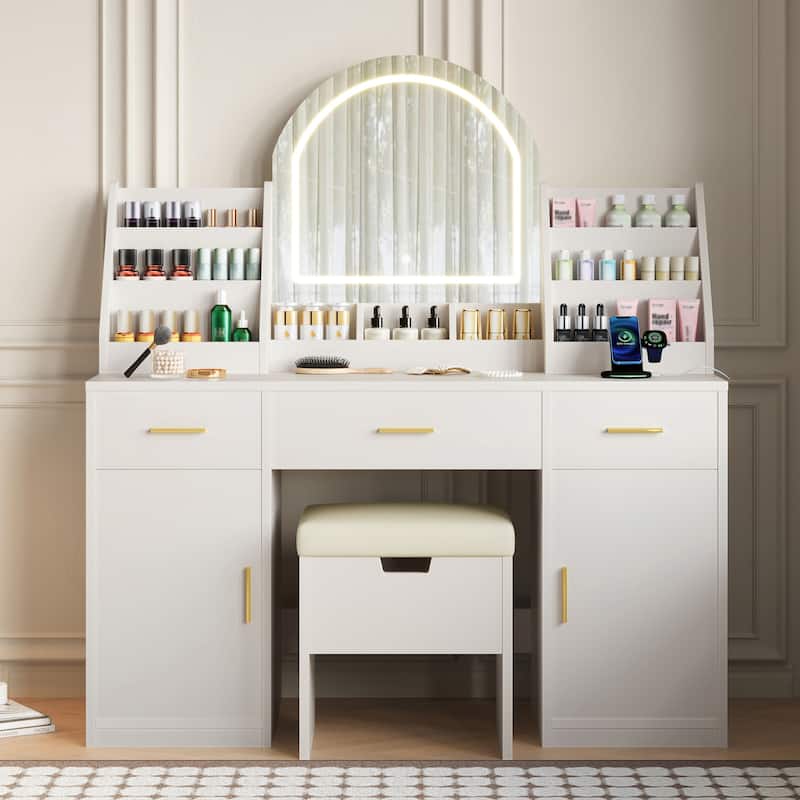 Vanity Desk with LED Lighted Mirror & Storage Stool, Makeup Vanity Set with 2 Organizers, 3 Drawers & 2 Cabinets - White