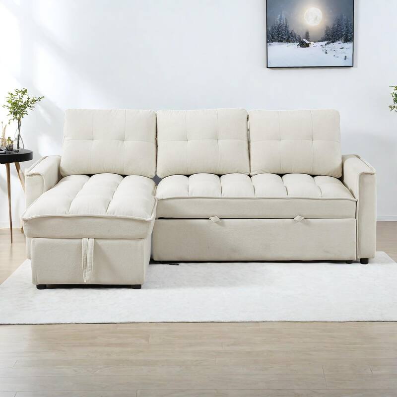 78.75" Chenille Pull-Out L-Shaped Sectional Sofa Bed with Charging Ports and Storage Chaise