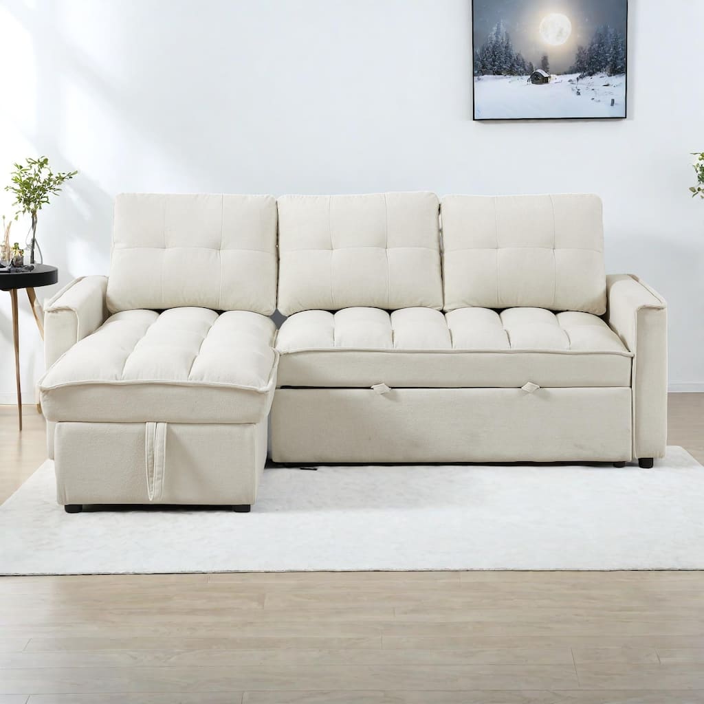 78.75" Chenille Pull-Out L-Shaped Sectional Sofa Bed with Charging Ports and Storage Chaise