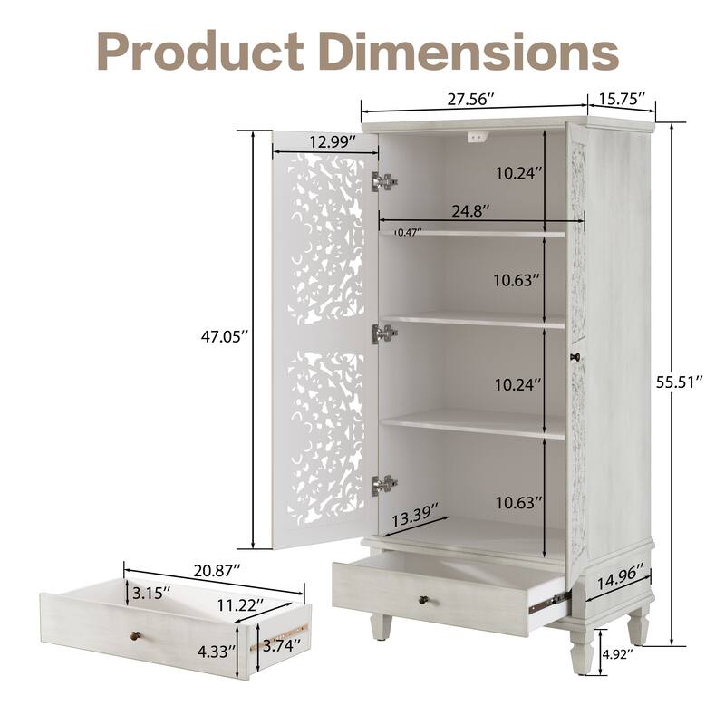 Roomfitters 55'' Tall Storage Cabinet, Carved Wood Accent Sideboard with Solid Wood Legs for Dining Room