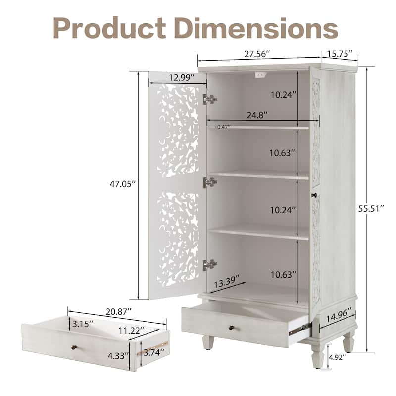 Rossetta Rustic Vintage Design 2-Door Carved Wood Storage Cabinet with Drawer, Solid Wood Legs