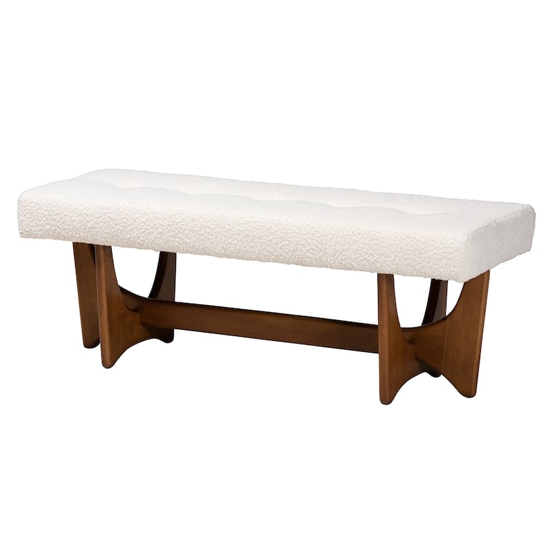Theo Japandi Cream Boucle Fabric and Walnut Brown Finished Wood Bench - White, Walnut Brown