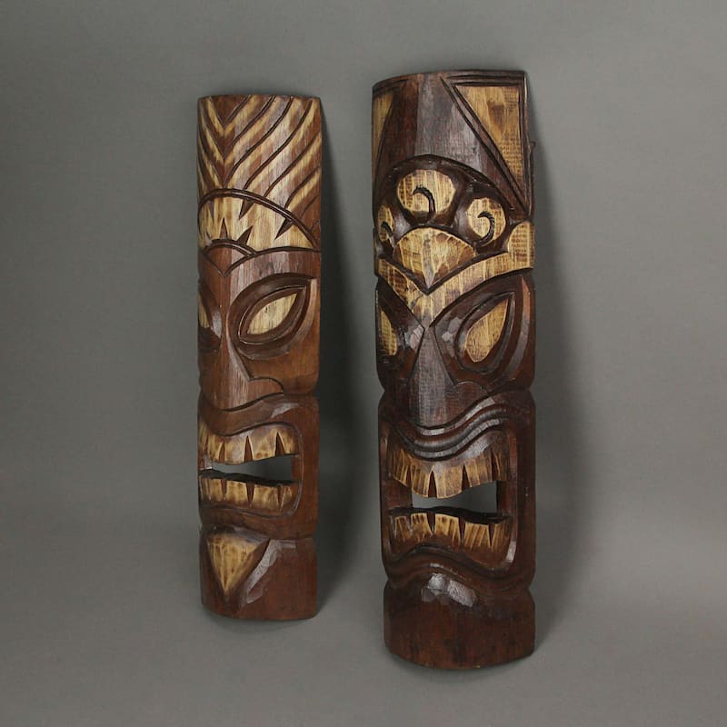Carved Wood Sun And Flower Hawaiian Tiki Masks 20 Inch (Set Of 2)