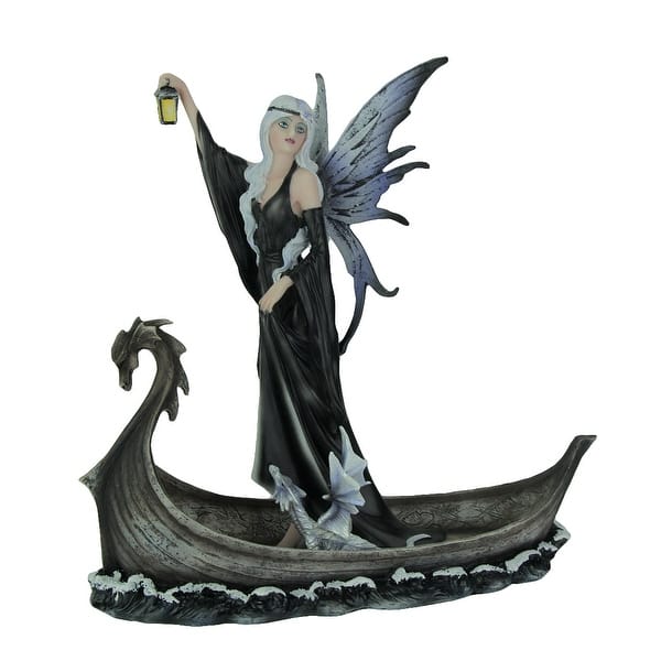 Norse Dark Fairy In Viking Boat With Baby Dragon Statue - 11 X 11