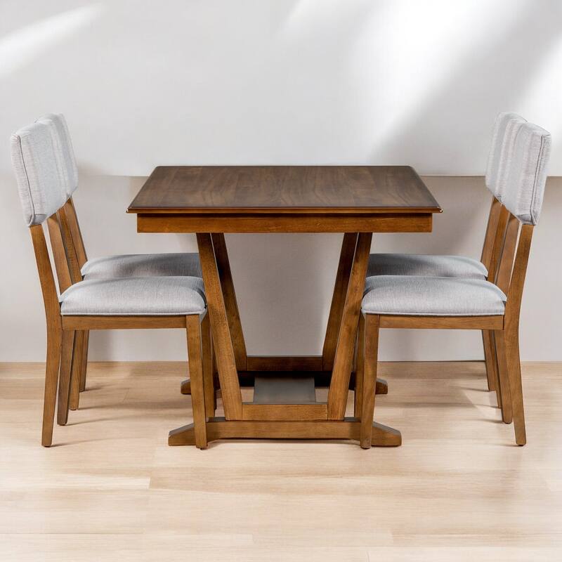 Rustic 5-Piece Dining Table Set with 4 Upholstered Chairs, 59" Rectangular Table with Trestle Base for Kitchen & Dining Room