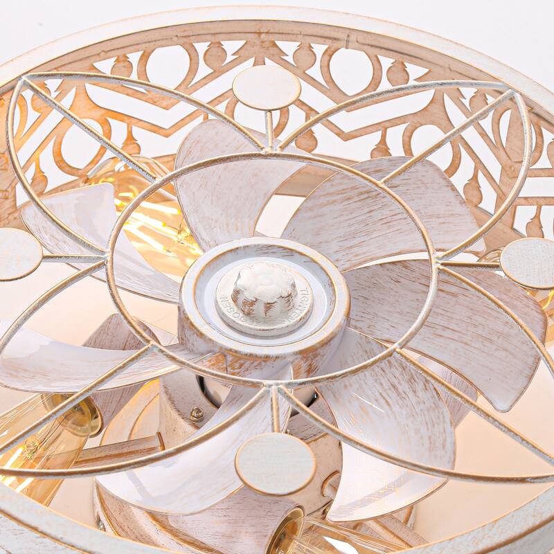 16.5" Vintage Distressed White 7-Blade Caged Ceiling Fan with Remote and Light