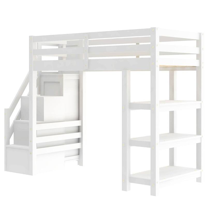 Twin/Full Size Loft Bed with Small Wardrobe and Storage Staircase, Solid Wood Loft Bedframe with LED Light and Storage Shelves