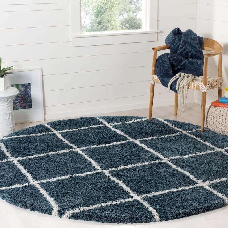 SAFAVIEH Hudson Shag Estella Diamond Trellis 2-inch Thick Rug - 7' Round - Slate Blue/Ivory - Round