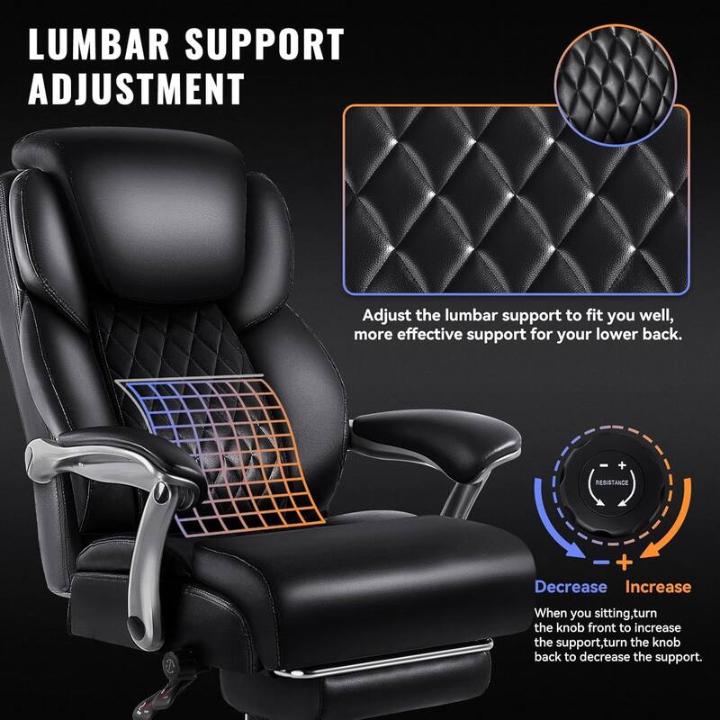 BOSSIN 600lbs Big and Tall Office Leather Chair with Flip up Armrest, Ergonomic Lumbar Support and Quiet Rubber Wheel
