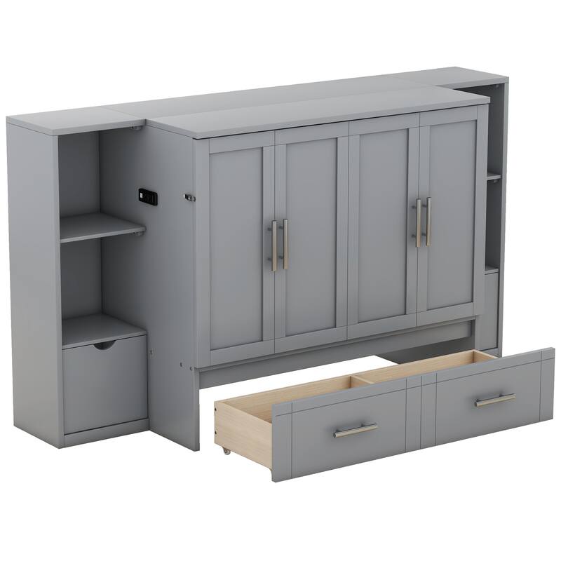 Space-Saving Queen Murphy Bed with Shelves, Drawers, and USB Ports