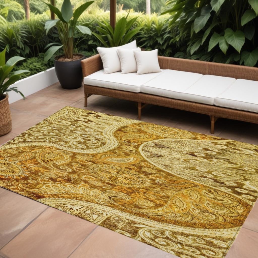 10' X 14' Terra Cotta Brown And Gold Floral Medallion Washable Indoor Outdoor Area Rug - 9' x 12'