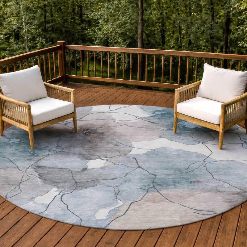Machine Washable Indoor/ Outdoor Floral Mara Chantille Rug - Teal - 8' x 8'