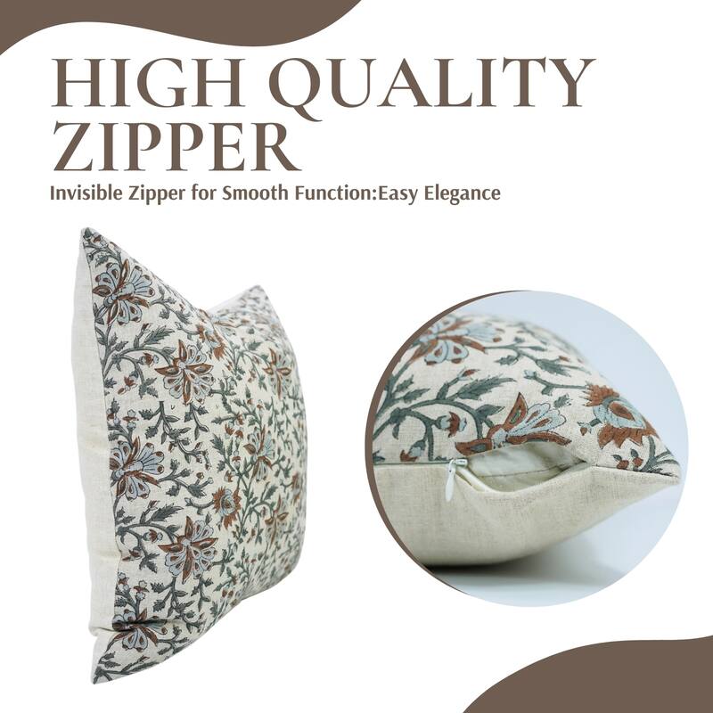 Fabdivine Block Print 12x20 Inch Pillow Cover Pure Linen Floral Farmhouse Decor Accent for Brown Soft, Cushion Case, Kanak Buti