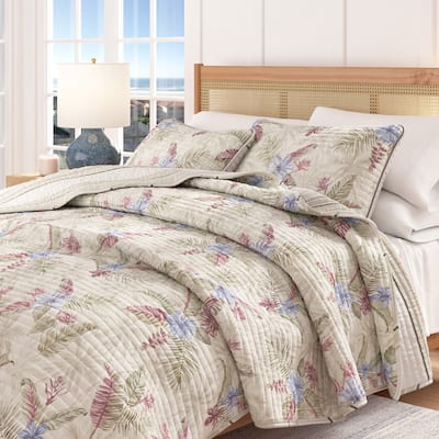 Linery & Co. Cotton Stitched Reversible Tropical Palm 3 Piece Quilt and Sham Set