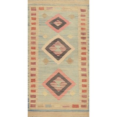 Hand Woven Oriental 100% Wool Carpet Southwestern Tribal Navy Blue & Blues Kilim Area Rug - 4' 0'' X 2' 0''