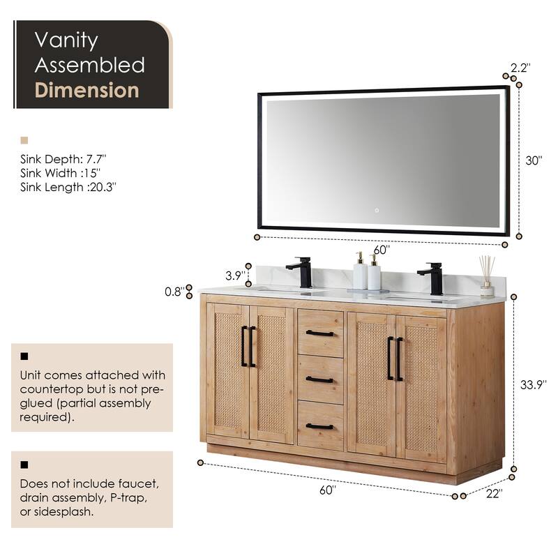 Floral Single Bathroom Vanity in Light Brown with Calacatta White Quartz Countertop with Mirror