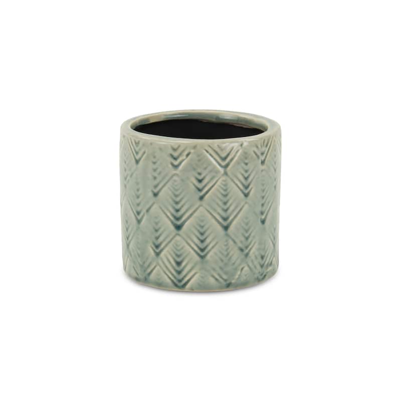 HomeRoots Green Ceramic 16 Ounce Geometric Round Distressed Pot Planter - 4.50 in. x 4.25 in. x 4.50 in.