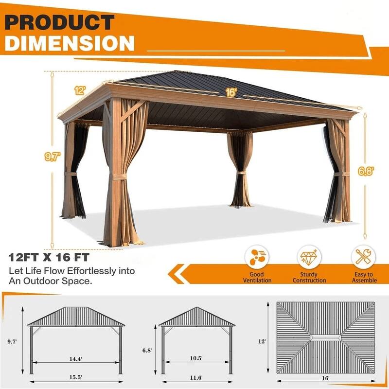Outdoor Galvanized Steel Roof Gazebo Pergola w Wooden Coated Alumninum Frame, Privacy Curtains and Nettings Include