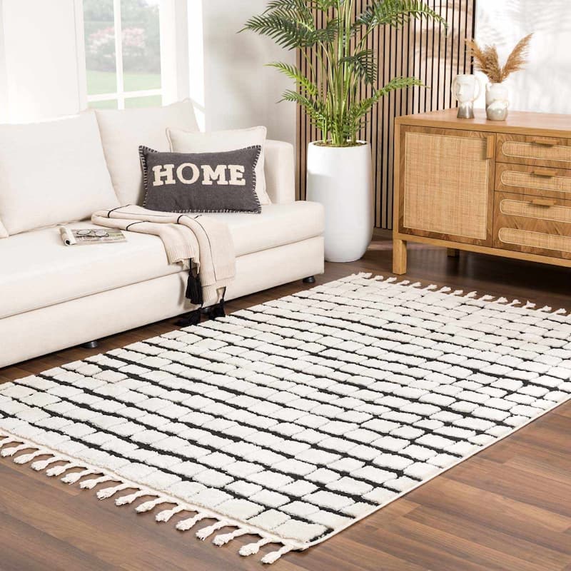 Hauteloom Shag Farmhouse Tasseled Cream & Black Area Rug - 5'3" x 7' - Bone, Gray / Teshi
