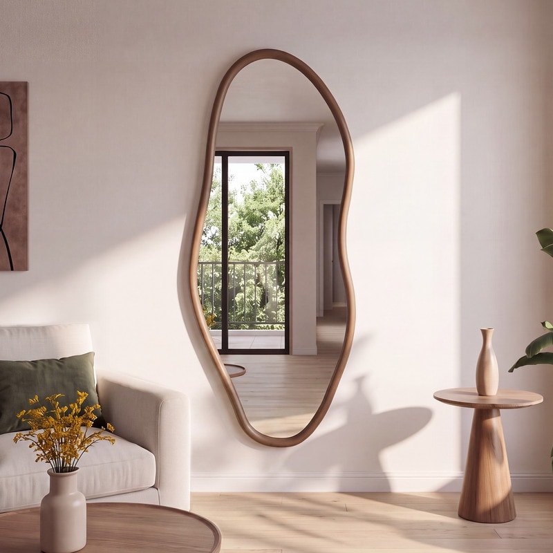 Asymmetric Wooden Full Lenth Wall Mirror, Irregular Solid Wood Accent Mirror