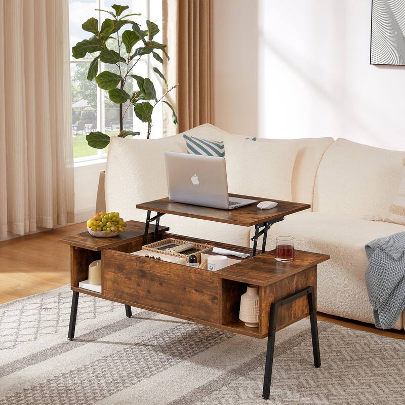 VECELO Modern Lift Top Coffee Table with Hidden Storage 2 Side Shelves Space-Saving Design for Living Room