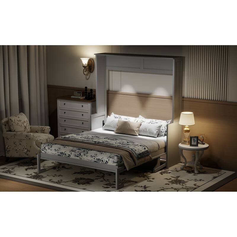 Space-Saving Queen Murphy Bed with Desk, LED Lights, and USB Charging