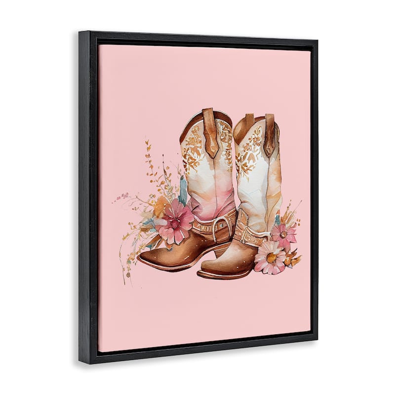 Stupell Floral Pink Cowgirl Boots Framed Floater Canvas Wall Art Design by Birch&Ink
